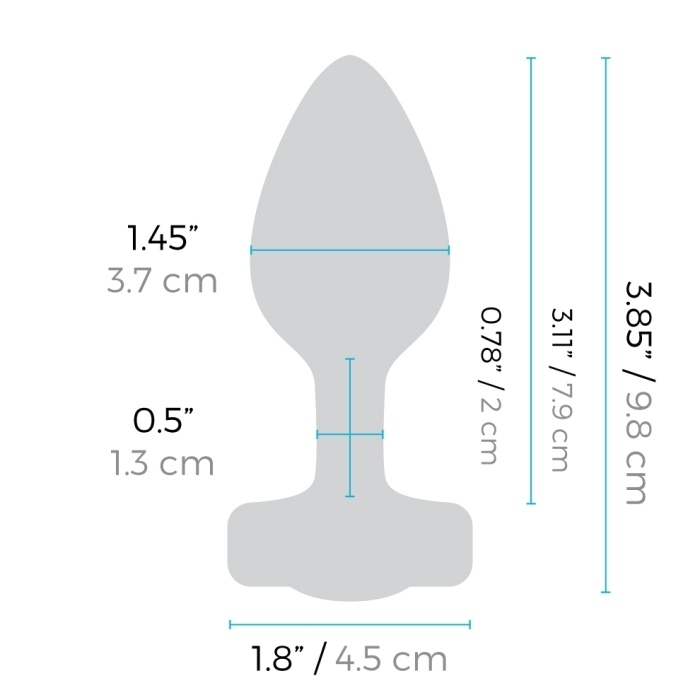 Diagram showing dimensions of a silicone vibrating heart anal plug.