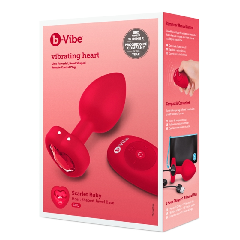 Red b-Vibe vibrating heart anal plug with a jewel base and remote control.