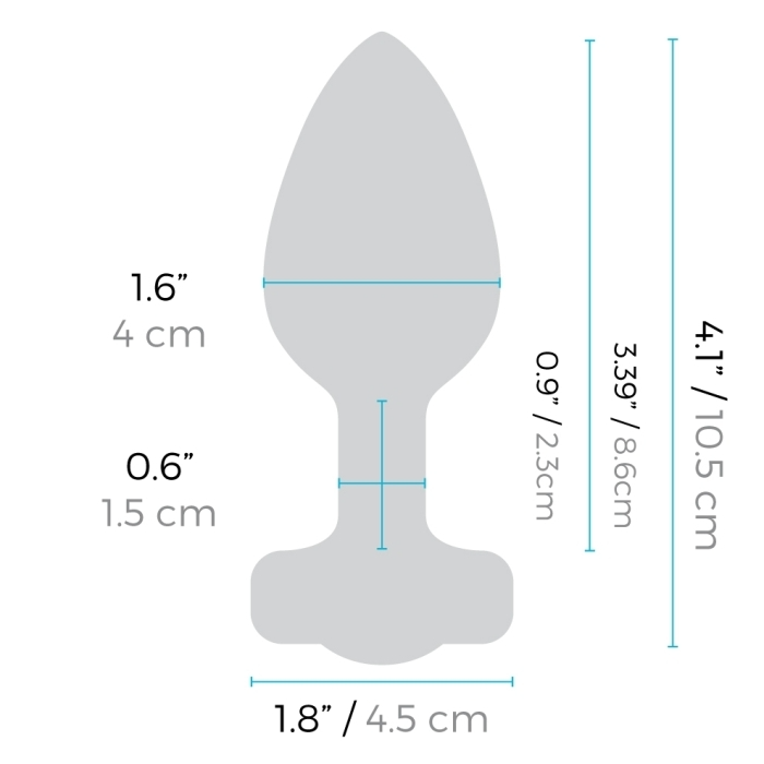 Silicone anal plug with dimensions labeled in inches and centimeters.