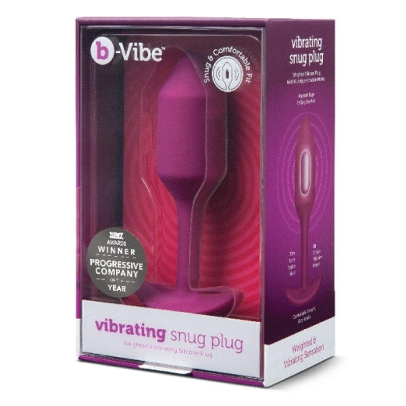 A rose colored b-Vibe vibrating snug plug in its packaging.