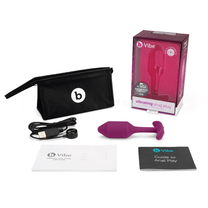 Rose b-Vibe Vibrating Snug Plug with charging cable, pouch, and guide.