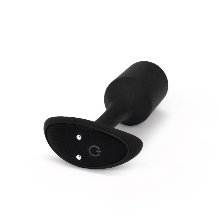 Black silicone vibrating snug plug with a flared base and power button.