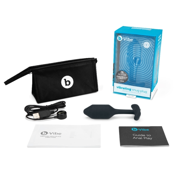 A black vibrating snug plug with a charging cable, storage pouch, and instruction booklets.