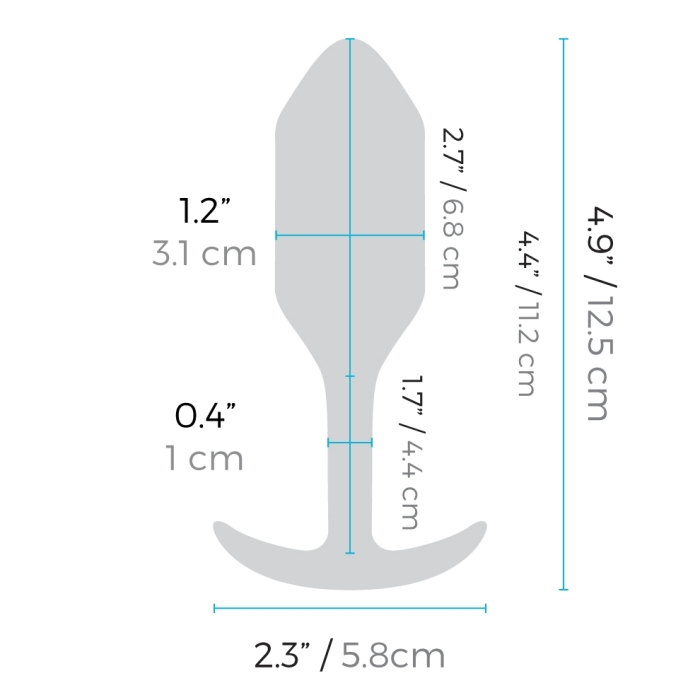 Diagram of a silicone snug plug with dimensions labeled in inches and centimeters.