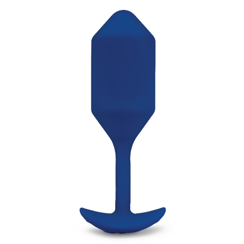 Navy blue silicone vibrating snug plug with a flared base.