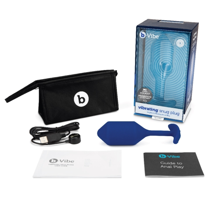 Navy blue b-Vibe Vibrating Snug Plug 4 with accessories.