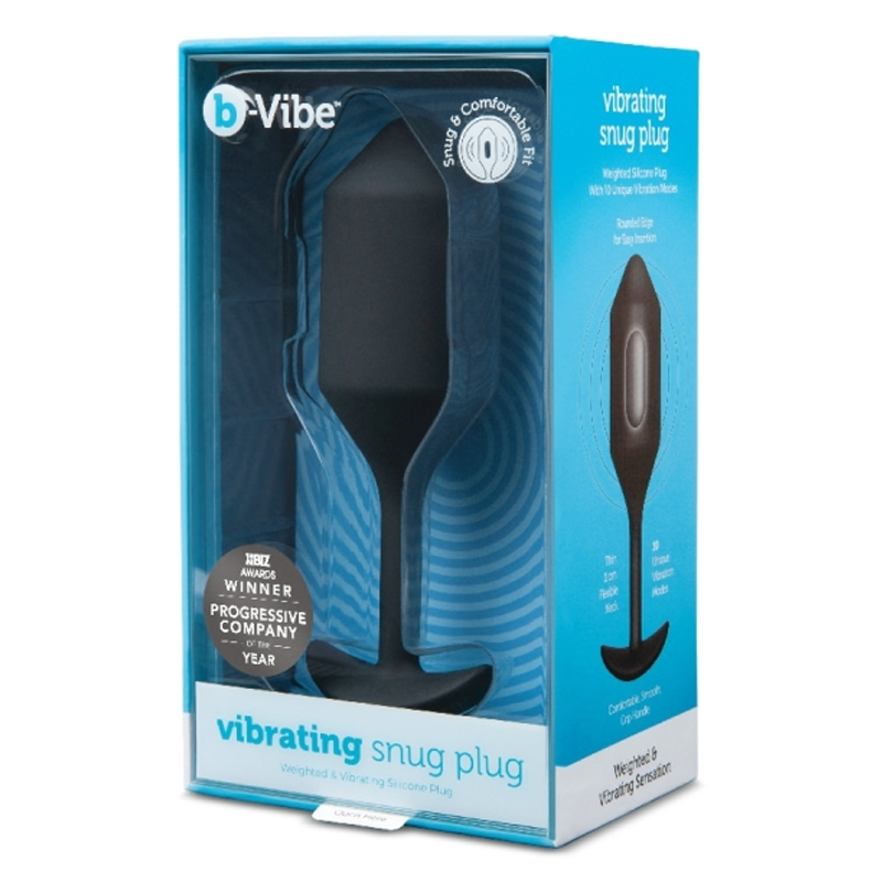 A black b-Vibe vibrating snug plug in its blue packaging.