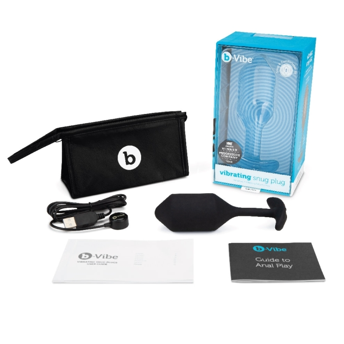b-Vibe Vibrating Snug Plug 4 with charging cable, travel pouch, and guide.