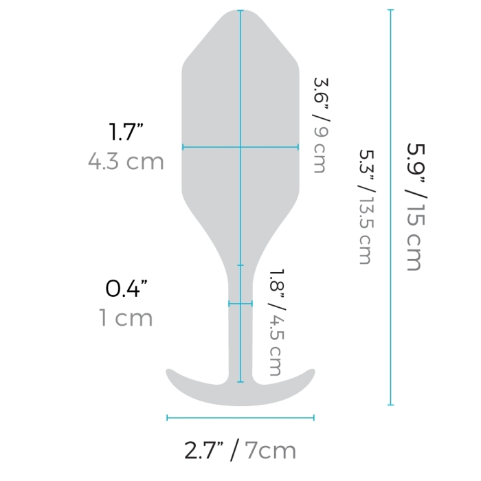 Diagram of a silicone vibrating snug plug with dimensions.