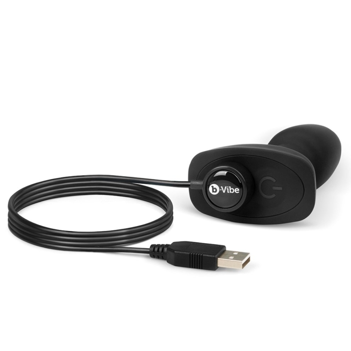 Black b-Vibe Petite vibrating anal plug with USB charging cable.