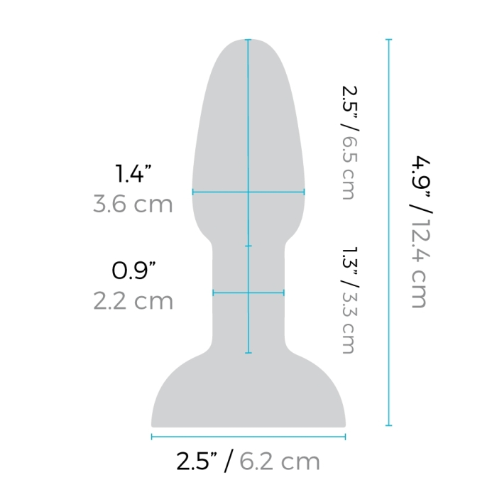 A grey vibrating anal plug with dimensions labeled.
