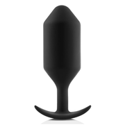 Black weighted silicone anal butt plug with a tapered tip and T-shaped base.