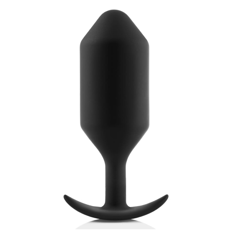 Black weighted silicone anal butt plug with a tapered tip and T-shaped base.