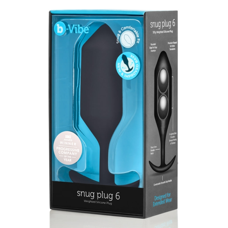 Black b-Vibe Snug Plug 6 weighted silicone anal plug in packaging.