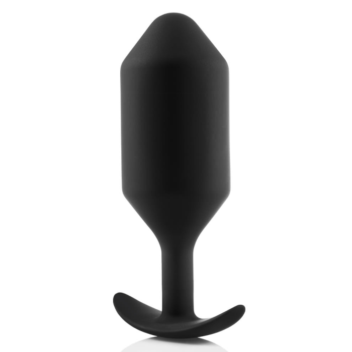 Black weighted silicone anal butt plug with a tapered tip and T-shaped base.