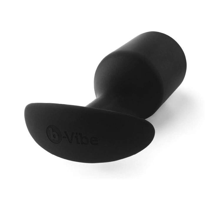 Black weighted silicone anal butt plug with a T-shaped base.