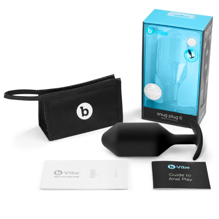 Black weighted silicone anal plug with storage case and guides.