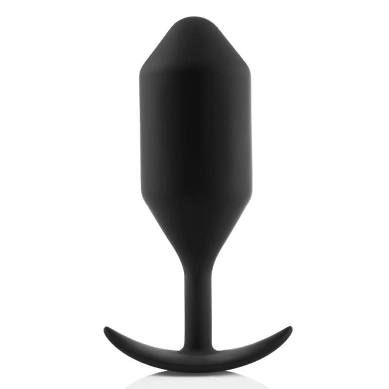 Black weighted silicone anal plug with a flared base.