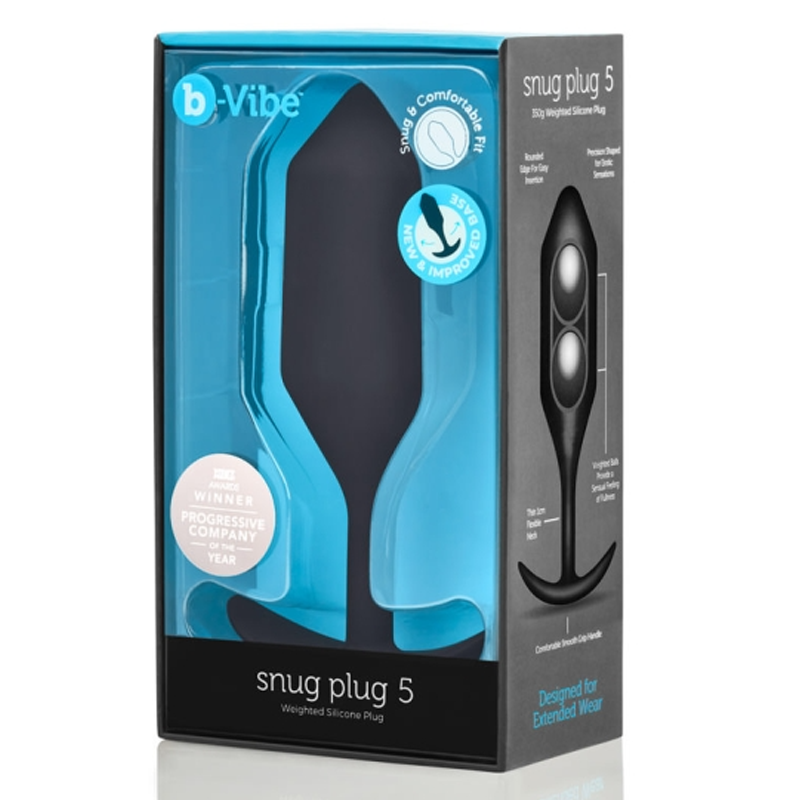 Black b-Vibe Snug Plug 5 weighted silicone anal plug in packaging.