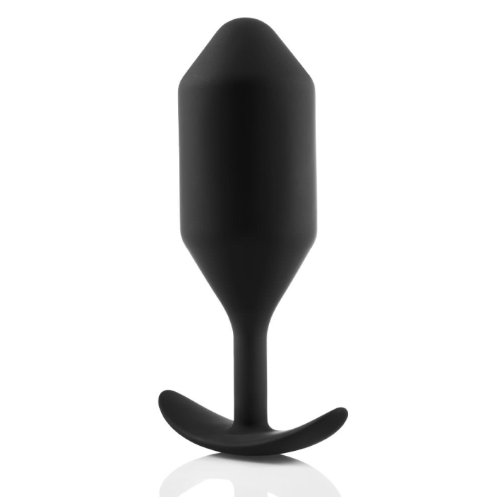 Black weighted silicone anal plug with a flared base.