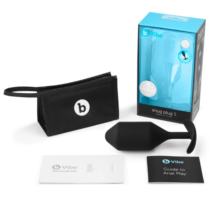 Black b-Vibe Snug Plug 5 weighted silicone anal plug with packaging and accessories.