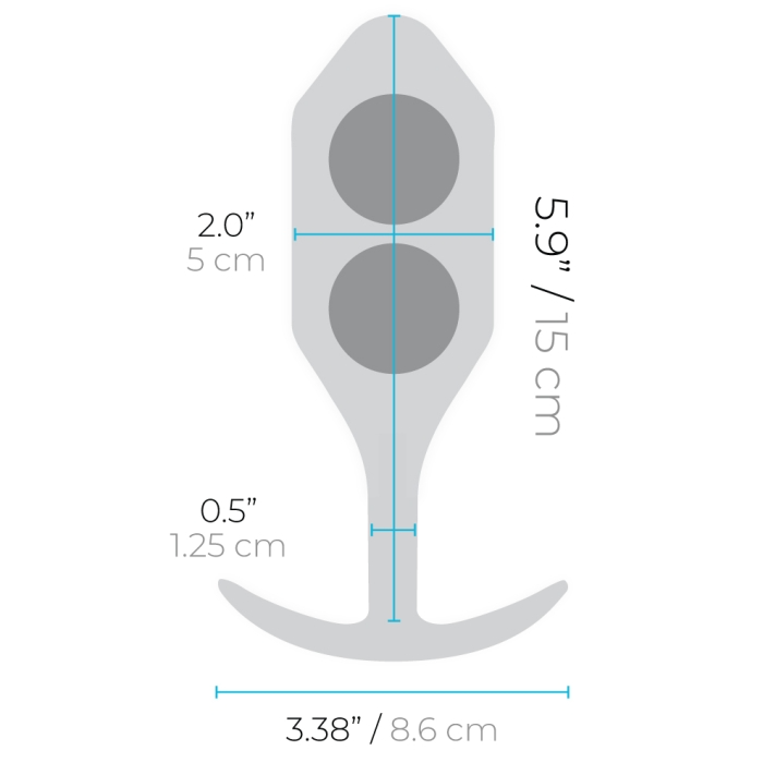 Black weighted silicone anal plug with dimensions labeled.