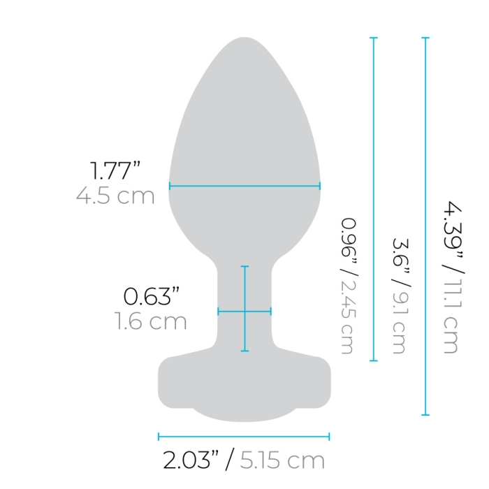 A navy silicone vibrating anal plug with dimensions indicated.