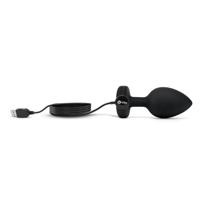 Black silicone vibrating anal plug with USB charging cable.