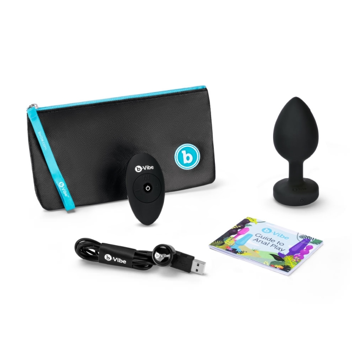 Black silicone anal plug with remote, charging cable, pouch, and guide.