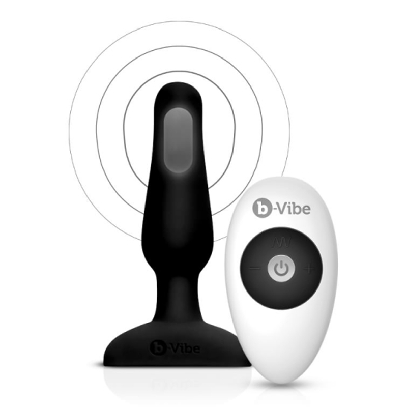 Black silicone vibrating anal plug with a white remote control.