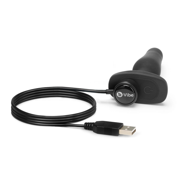 Black silicone vibrating anal plug with USB charging cable.