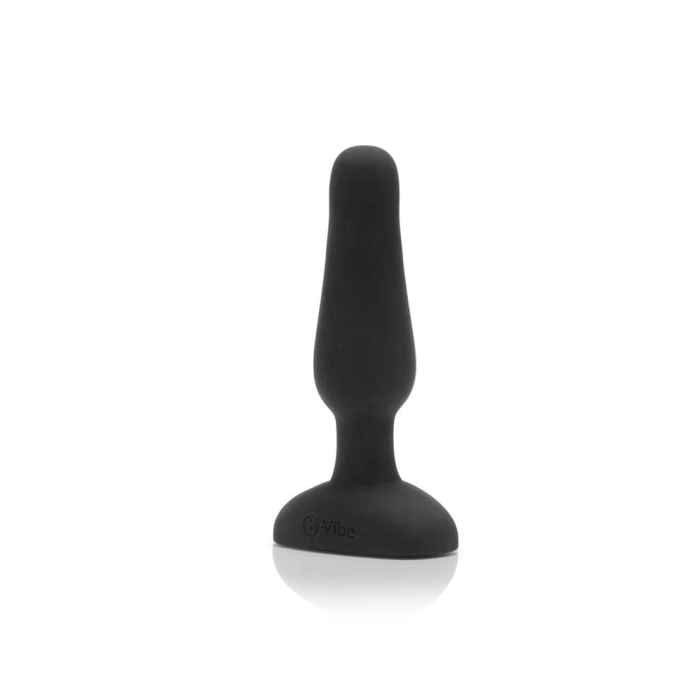 Black silicone vibrating anal plug with a flared base and logo.
