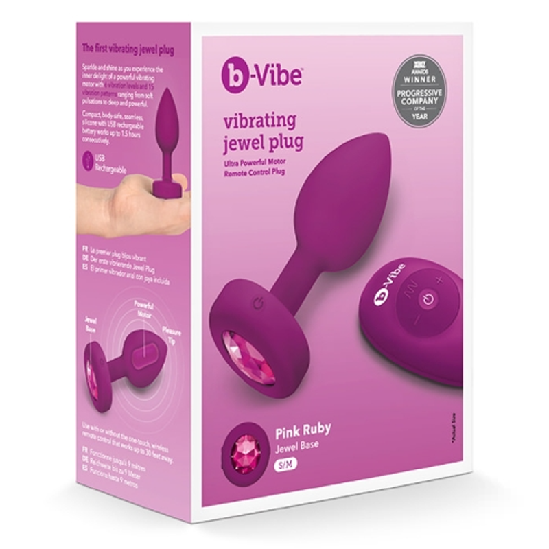 Fuchsia b-Vibe vibrating jewel anal plug with remote control.