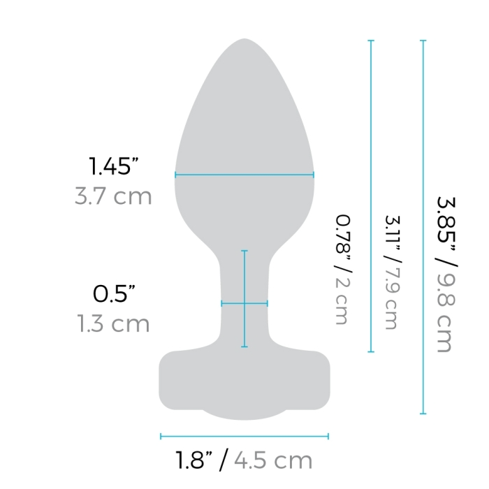Fuchsia silicone vibrating anal plug with dimensions labeled.