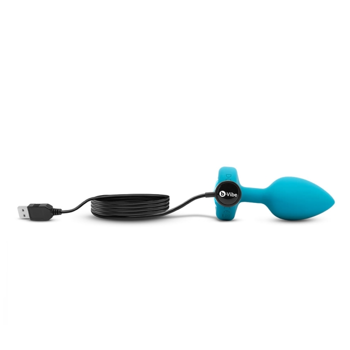 Teal silicone vibrating anal plug with USB charging cable.