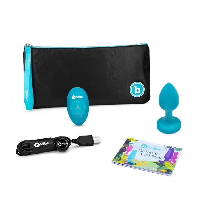 Teal vibrating anal plug set with remote, charging cable, and guide.