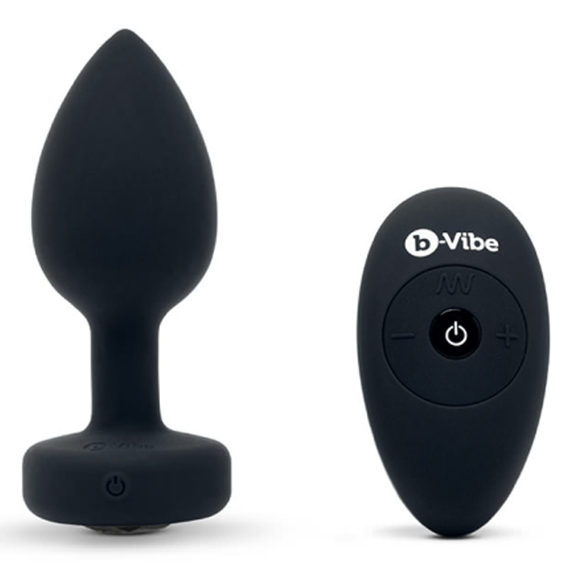 Black vibrating anal plug with a remote control.