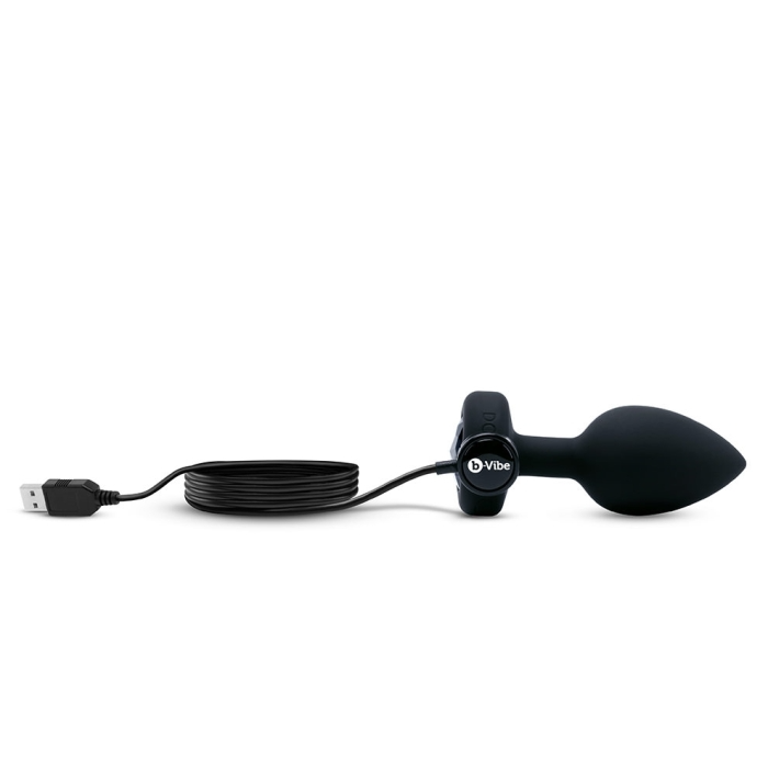 Black silicone vibrating anal plug with USB charging cable.