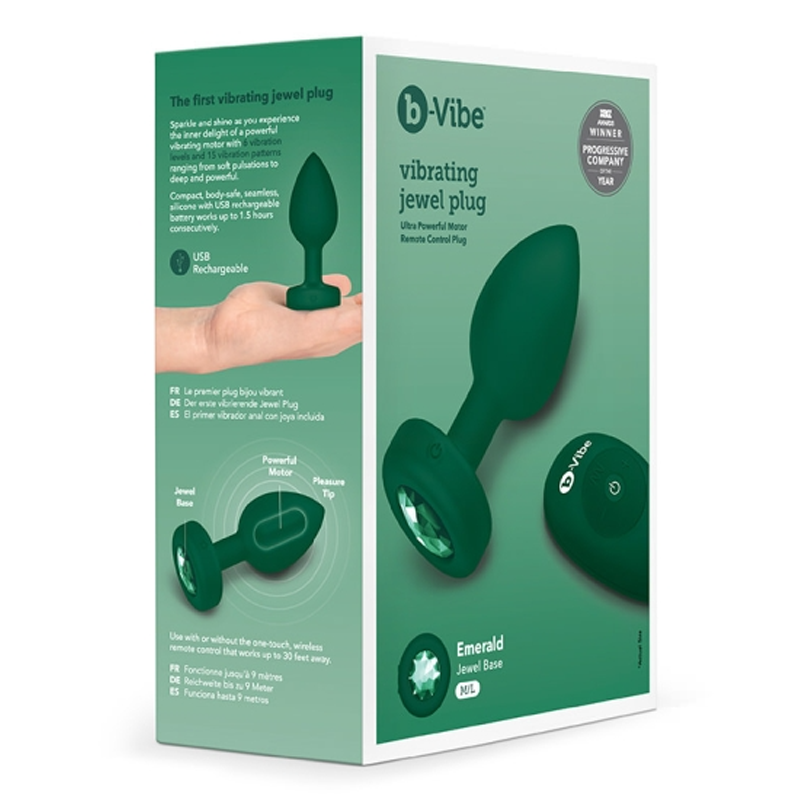 A green b-Vibe vibrating jewel anal plug with a remote control.