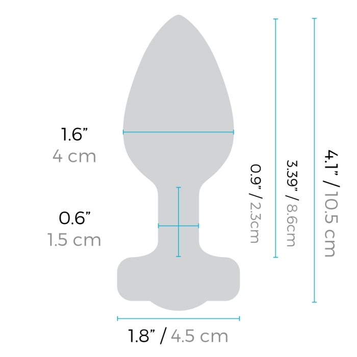 A grey silicone anal plug with dimensions labeled in inches and centimeters.