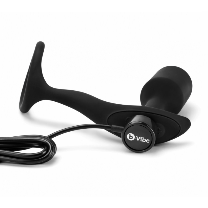 Black vibrating weighted butt plug and penis ring with a cord.