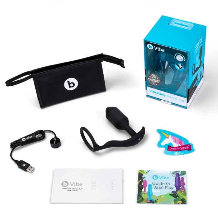 Black vibrating weighted butt plug and penis ring with accessories.