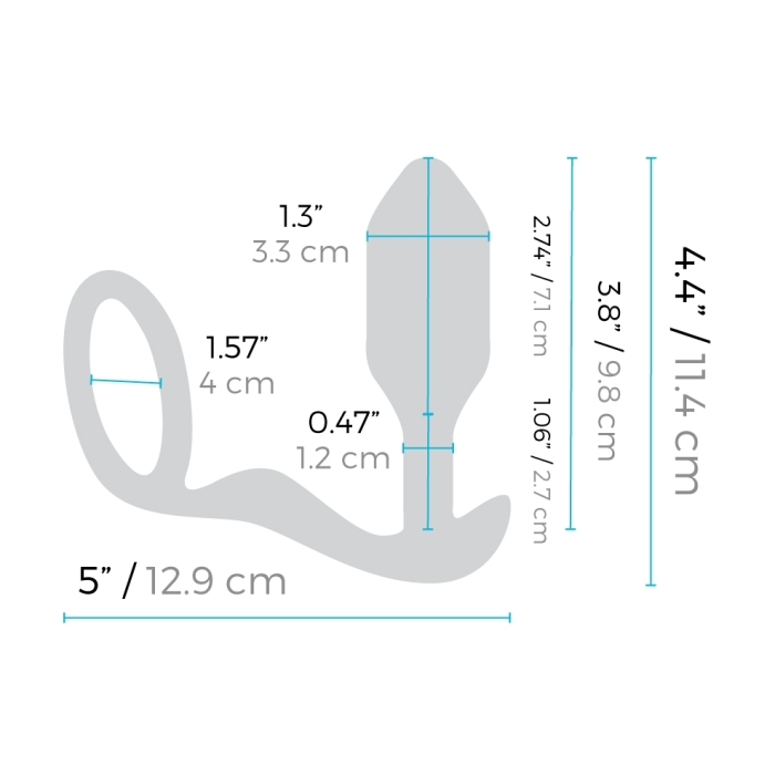 Diagram of a black vibrating butt plug and penis ring with dimensions.