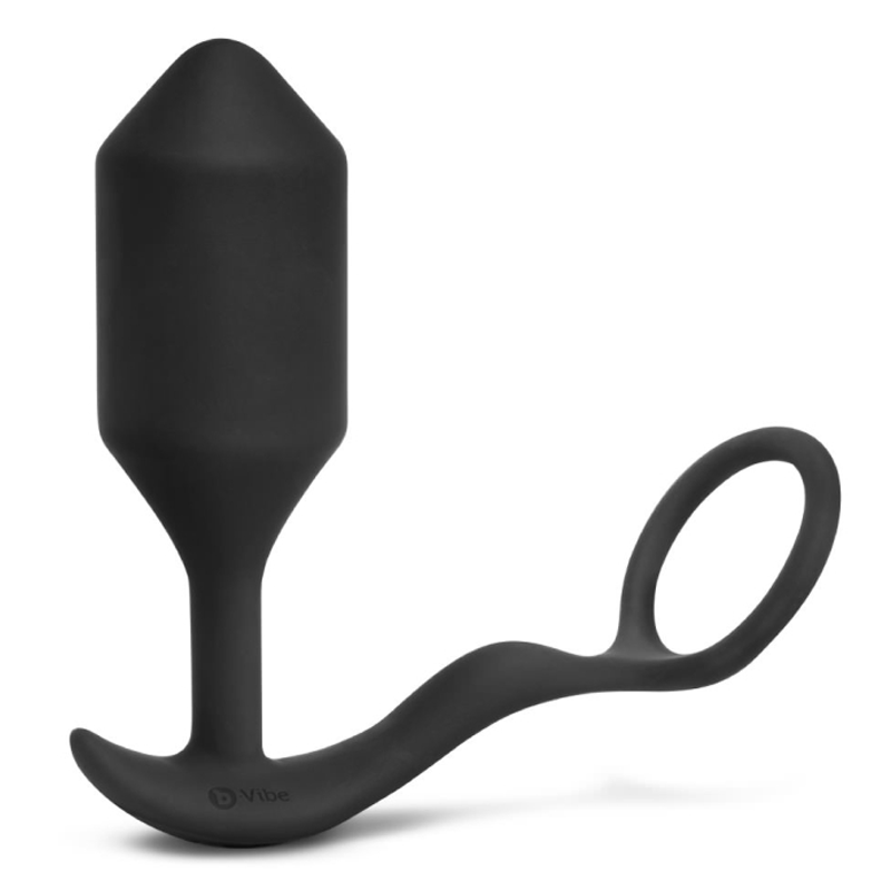 Black vibrating weighted anal plug and cock ring with a loop.