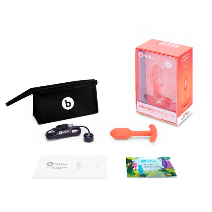 b-Vibe vibrating snug plug with charging cable, storage pouch, and guide.