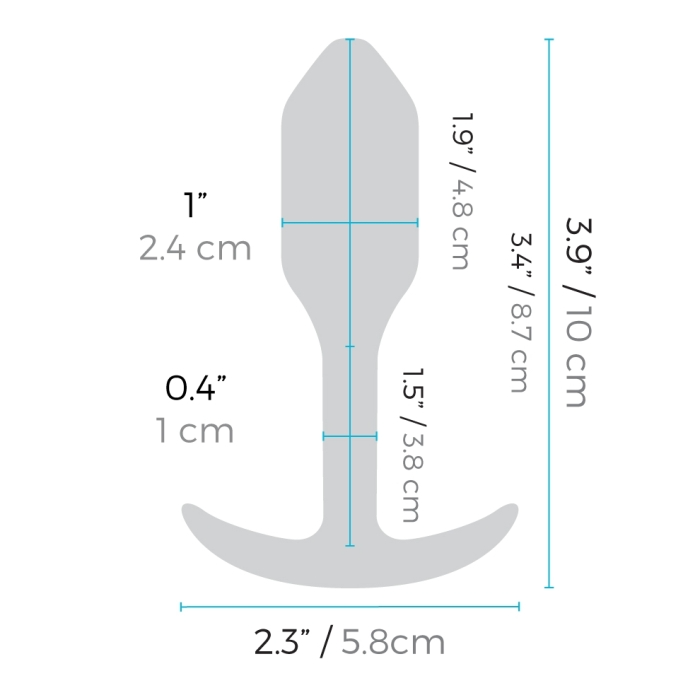 A silicone vibrating snug plug with dimensions indicated.