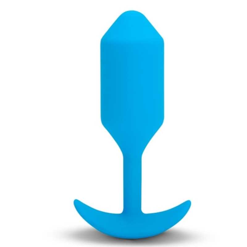 A large blue silicone vibrating snug plug with a flared base.