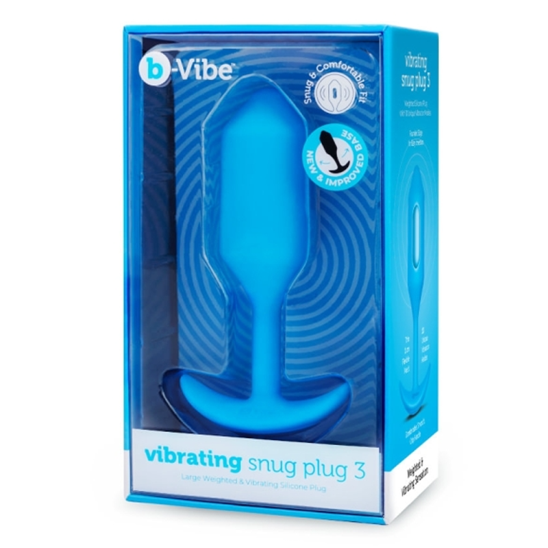 Large blue vibrating snug plug made of silicone in its packaging.