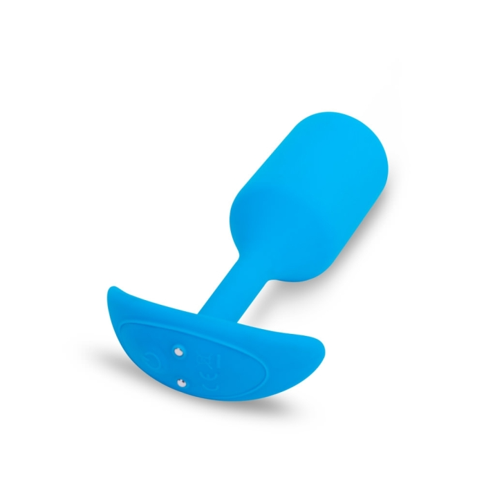 A large blue silicone vibrating snug plug with a curved base.