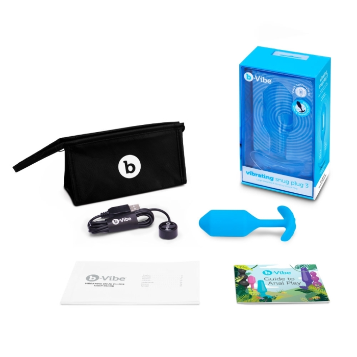 A blue silicone vibrating snug plug with a charging cable, storage bag, and guide.